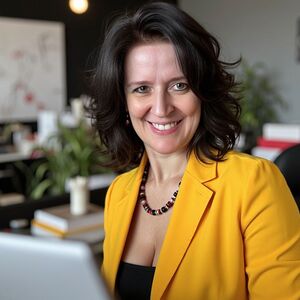 Nicole Angela Buck – KI-Trainerin und Kommunikationsdesignerin in ihrem Atelier, lächelnd in gelbem Blazer